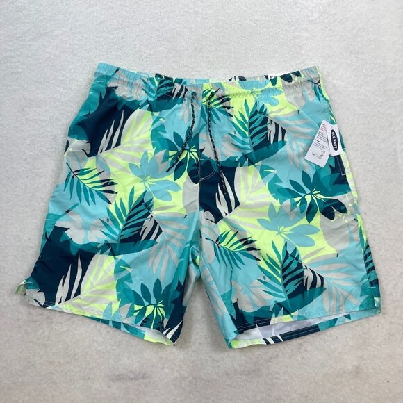 NWT Old Navy Blue Green Leaf Print 8" Inseam Swim Trunks Men's XL - Picture 2 of 5